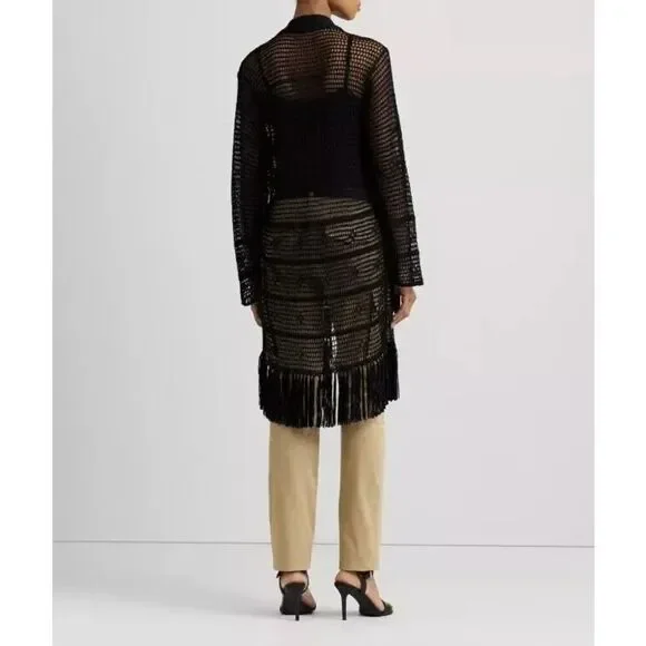 New RALPH LAUREN Women's Open Knit Linen Blend Cardigan  $245 Fringe Black Mediu - Picture 4 of 6